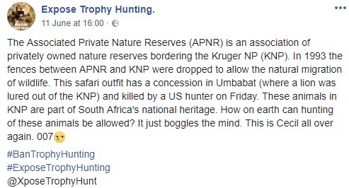 Freja_Petersen's tweet image. The Associated Private Nature Reserves (APNR) is an association of privately owned nature reserves bordering the Kruger NP (KNP). ...

#BanTrophyHunting 
#ExposeTrophyHunting 

facebook.com/10603745040388…