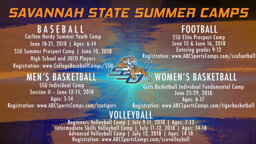 SavStateTigers's tweet photo. CAMPS: Football camps are Friday and Saturday, while baseball camp starts Monday of next week and women's basketball team camp starts Friday of next week. #HailSSU https://t.co/bdA8heta89