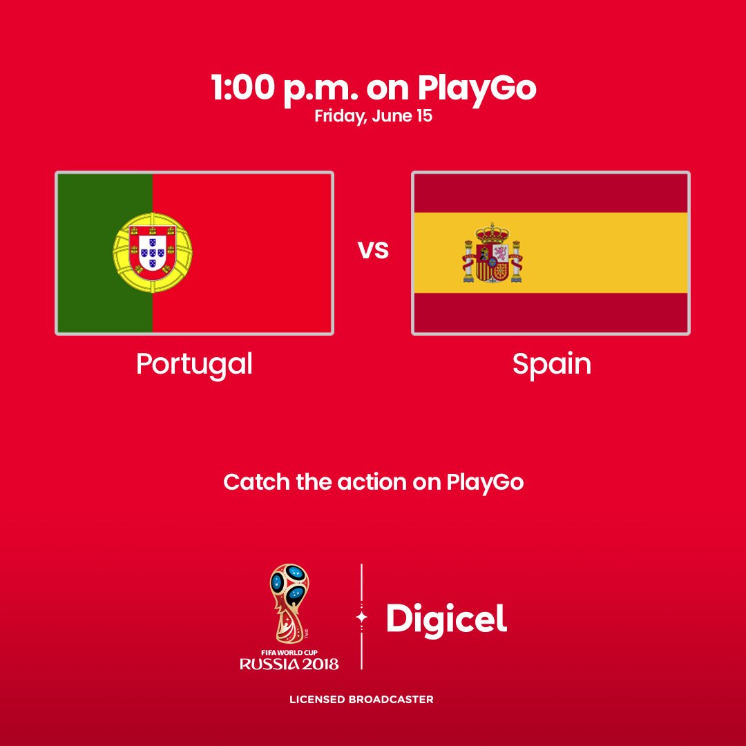 Calling all #POR 🇵🇹 & #ESP 🇪🇸 fans. #LiveItUp during lunch time and stream the #PORESP game at 1pm/ST and @ 2pm/ET on the 📲 #PlayGo App. #DigicelPredictions #POS 1 #EPS 2. Who do you think will win? #WorldCup #SummerOfSports #PORES #Digicel