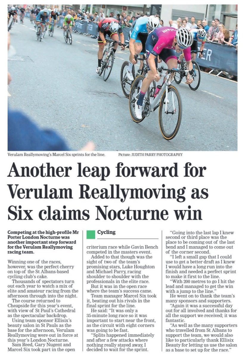 VerulamRaceTeam's tweet photo. Great press coverage of our London Nocturne open criterium win https://t.co/ZtNi6ZOfuR #londonnocturne #hertsadsport #verulam #reallymoving #ellisix #rockandroadbikes #gpnbuilders #cycling https://t.co/aMyyIkwy4L