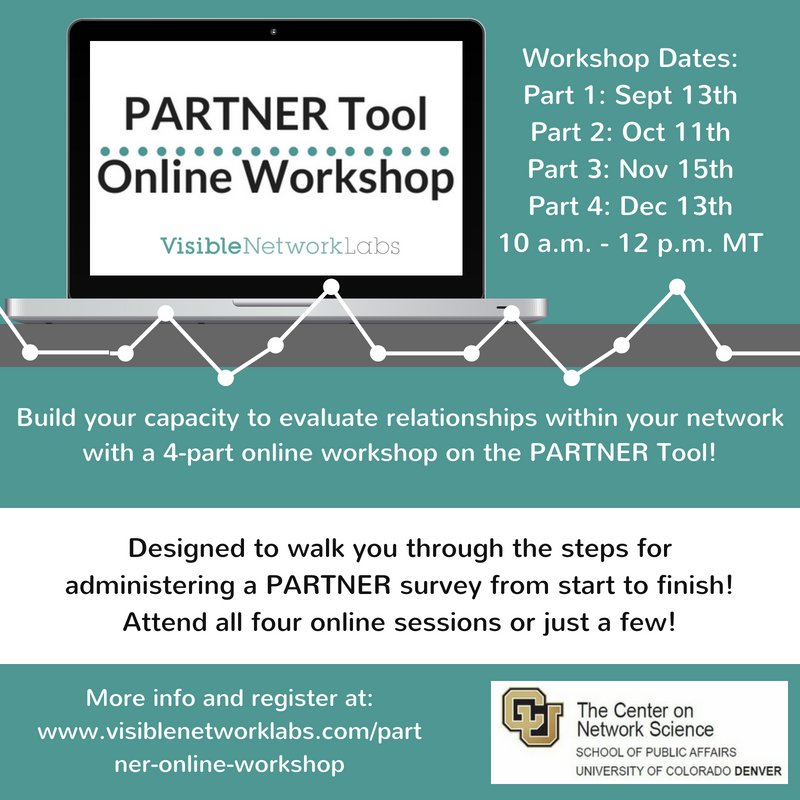 VNetworkLabs's tweet image. More info on our fall PARTNER Tool Online Workshop! Learn how to administer a PARTNER survey from start to finish with expert advice and guidance along the way. Get more information at visiblenetworklabs.com/partner-online….