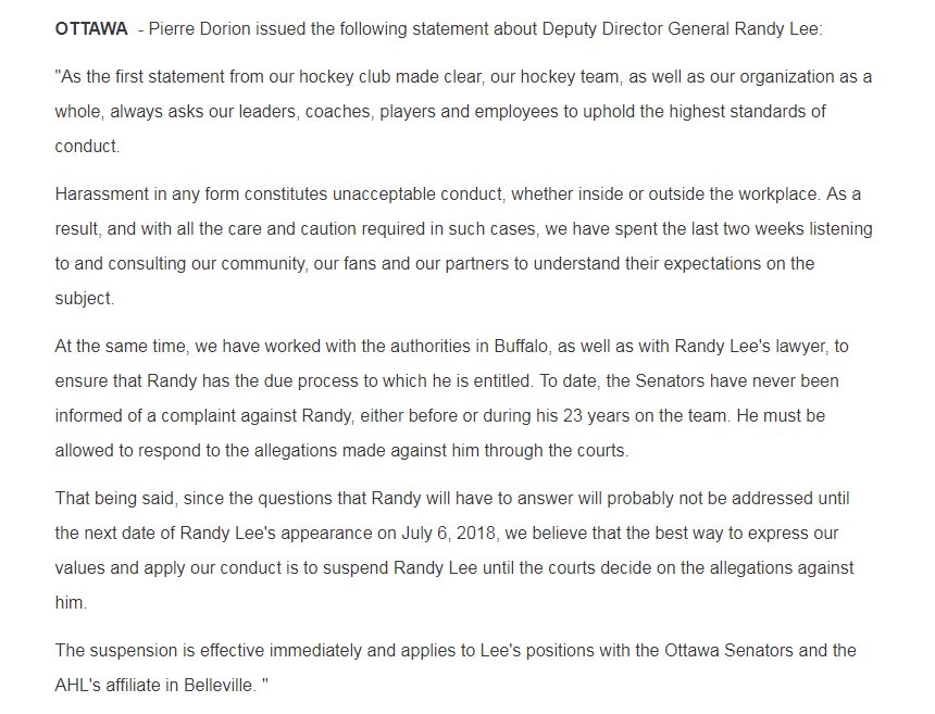 BREAKING: The Ottawa Senators have suspended Assistant GM Randy Lee, effective immediately. #ottnews https://t.co/2pO5YDBeFH