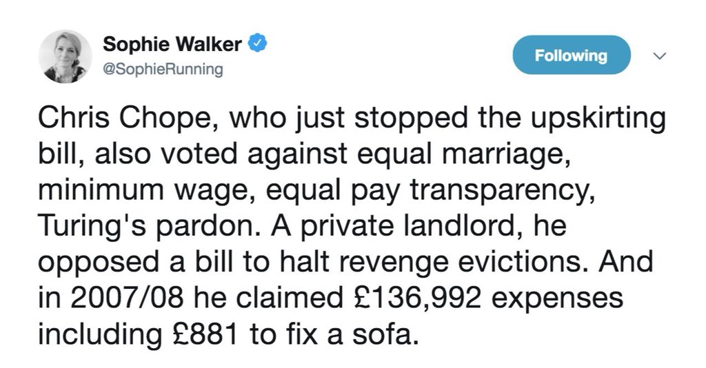 Seriously. Can we organise a rota to haunt him every hour of every day until the next vote? He needs to suffer #chrischope #getchopethechop