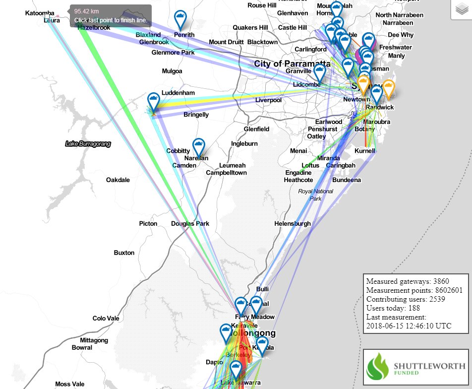 Paul_Meshed_IoT's tweet photo. New #LoRaWAN distance record on #TheThingsNetwork #UoW gateway at Mt Keira, Wollongong, travelling 95km to hit my #DigitalMatter GPS tracker in Katoomba, Blue Mountains area (Sydney) last night.  Also some nice connections from #uow Port Kembla Gateway to Mascot airport #FreeIoT https://t.co/GUNccCDHxi