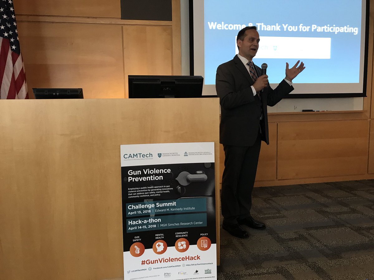 CAMTechMGH's tweet photo. .@OlsonKristian1, Director or CAMTech, kicks off Gun Violence Prevention Demo Day. “I can look around this room and see how many different disciplines are in this room.” Teams from #GunViolenceHack competing for $10K grand prize + acceleration support @MassGeneralNews https://t.co/ikDGhPYmYM
