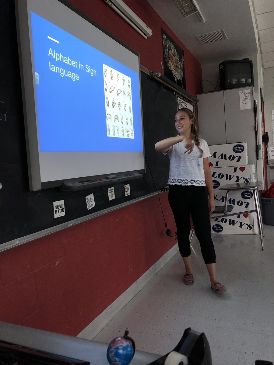 TStewartBMS's tweet photo. Vienna explains her SPARK project to us - she started learning sign language! Awesome job, Vienna! #MTPSPride #DolphinPride https://t.co/Dkz39RMNnU