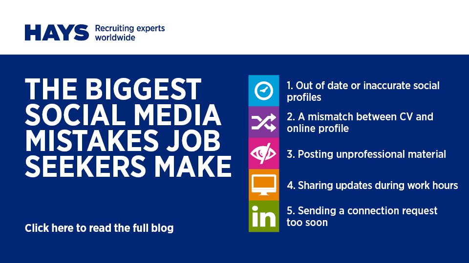 HaysWorldwide's tweet photo. Are you looking for a #newjob? Make sure that you don’t make any of these big #socialmedia #mistakes: https://t.co/CCcESwN1fq #jobsearch #jobsearchmistakes https://t.co/y0ZAr4t4cf