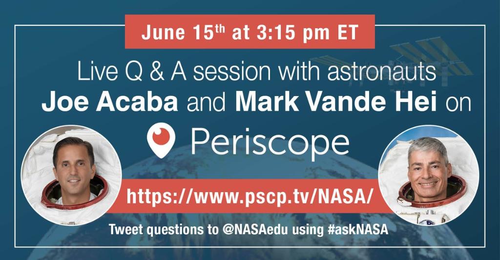 NASA's tweet photo. .@AstroAcaba &amp; @Astro_Sabot recently returned from 168 days in space. Join them on Periscope at 3:15pm ET to ask them about how they used their education backgrounds to teach students from @Space_Station! https://t.co/eD59Aik5x9 https://t.co/GOOeiAX8vV