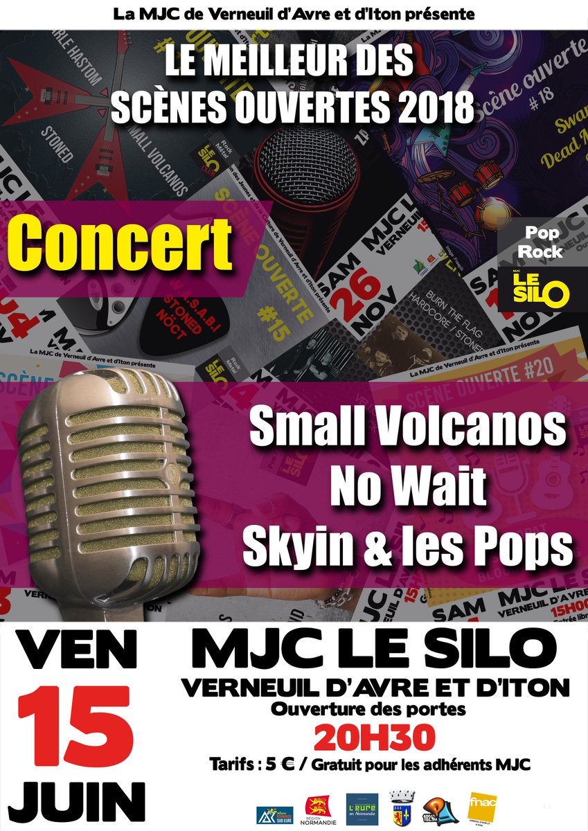 mjcleSILO's tweet photo. Le meilleur des scènes ouvertes c'est ce soir avec No Wait, Small Volcanos et Skyin &amp; les pops ! Et c'est gratuit pour tous les adhérents de la MJC de @Verneuil27 #LeSilo https://t.co/sv9ntFrE3o