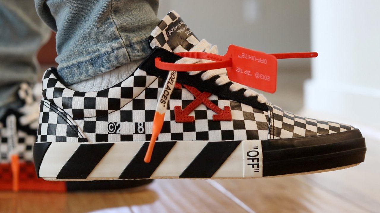 off white vulc low top on feet