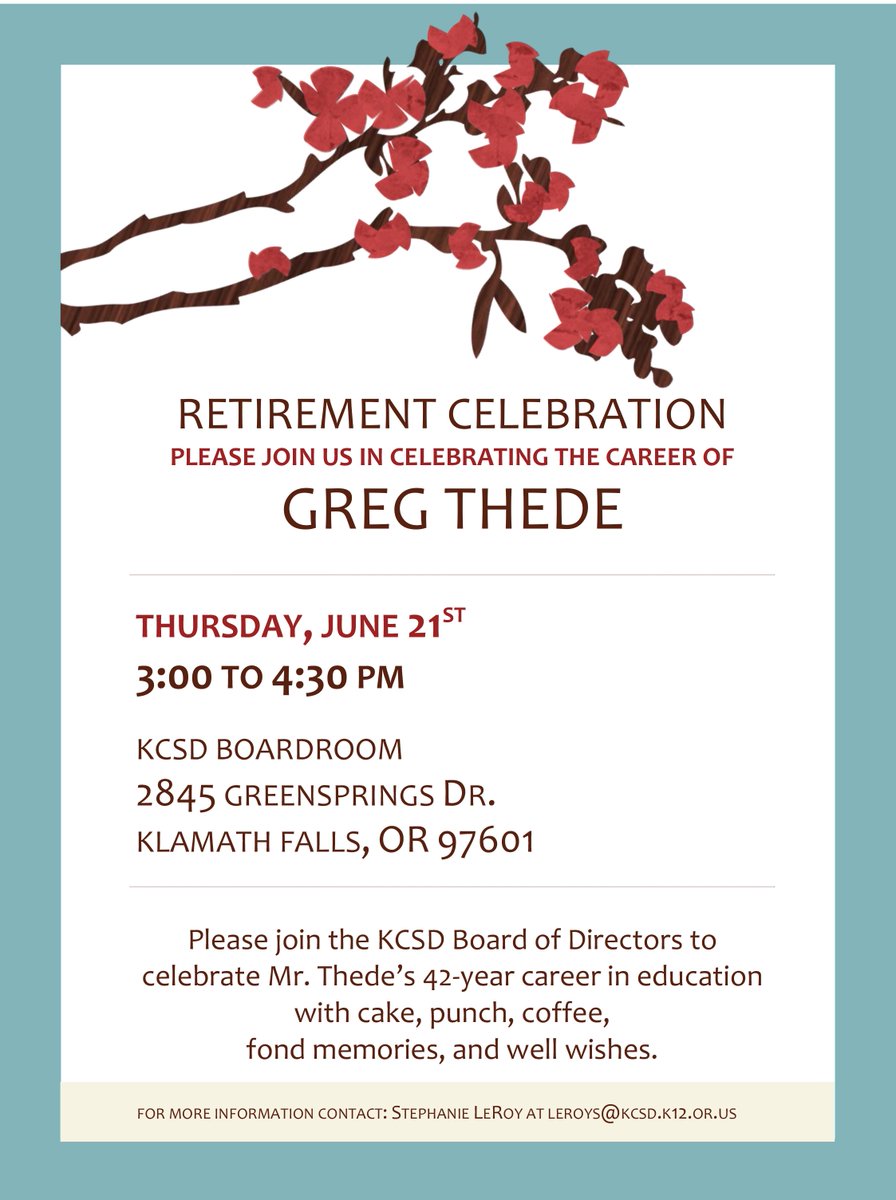 TiplerSam's tweet photo. Please come join us in celebrating the career of Superintendent Thede. The KCSD Board of Directors is holding a special event on Thursday, June 21. 
Time: 3 p.m to 4:30 p.m. Location: KCSD boardroom, 2845 Greensprings Dr. https://t.co/HNfKzWuf3Q