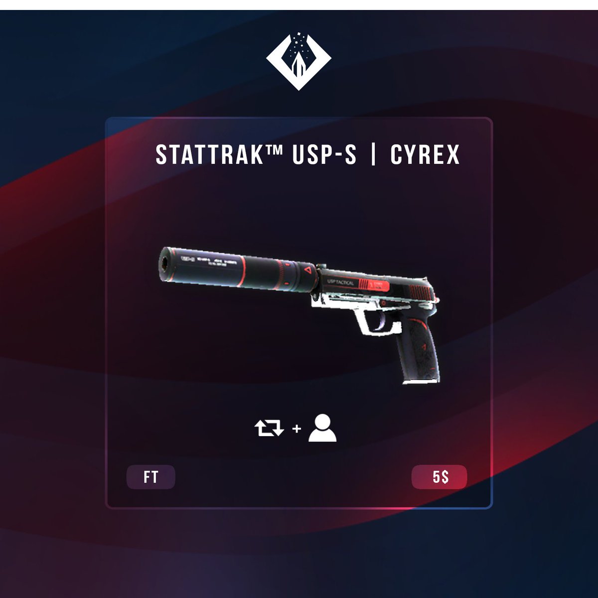 skinwaste's tweet image. Since there is a big visual bug on our site we are down for a Maintenance. But lets use this time to do a quick Giveaway! We are giving away this sick "StatTrak™ USP-S | Cyrex (Field-Tested)" which worth around 5$! you have 24 Hours to Enter! Reteewt and Follow! Thats it!