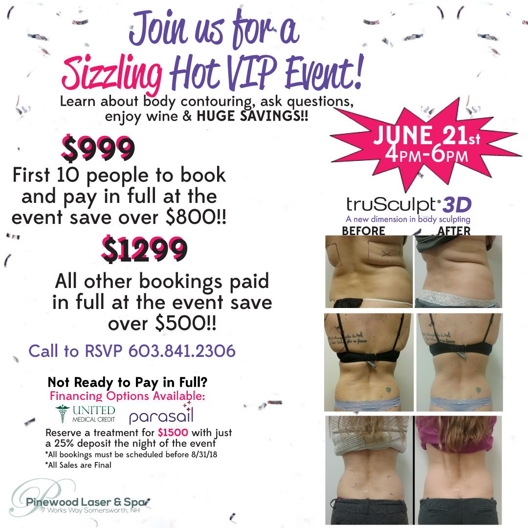 PinewoodLaser's tweet image. Don't forget our TruSculpt 3D VIP Event
Next Thursday June 21st 4-6pm!
Call to RSVP 603.841.2306: ow.ly/kWkc30kwmCX 
#vipevent #joinus #HUGEsavings #bodycontouring #trusculpt3D