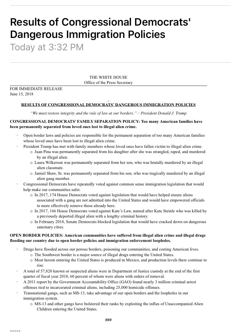 Acosta's tweet photo. This is Orwellian stuff. WH claiming in this email that family separations are policy of congressional Democrats. It’s a Trump policy announced by the administration and carried out by the administration. Not to mention GOP controls Congress. https://t.co/5AduQAK9tj