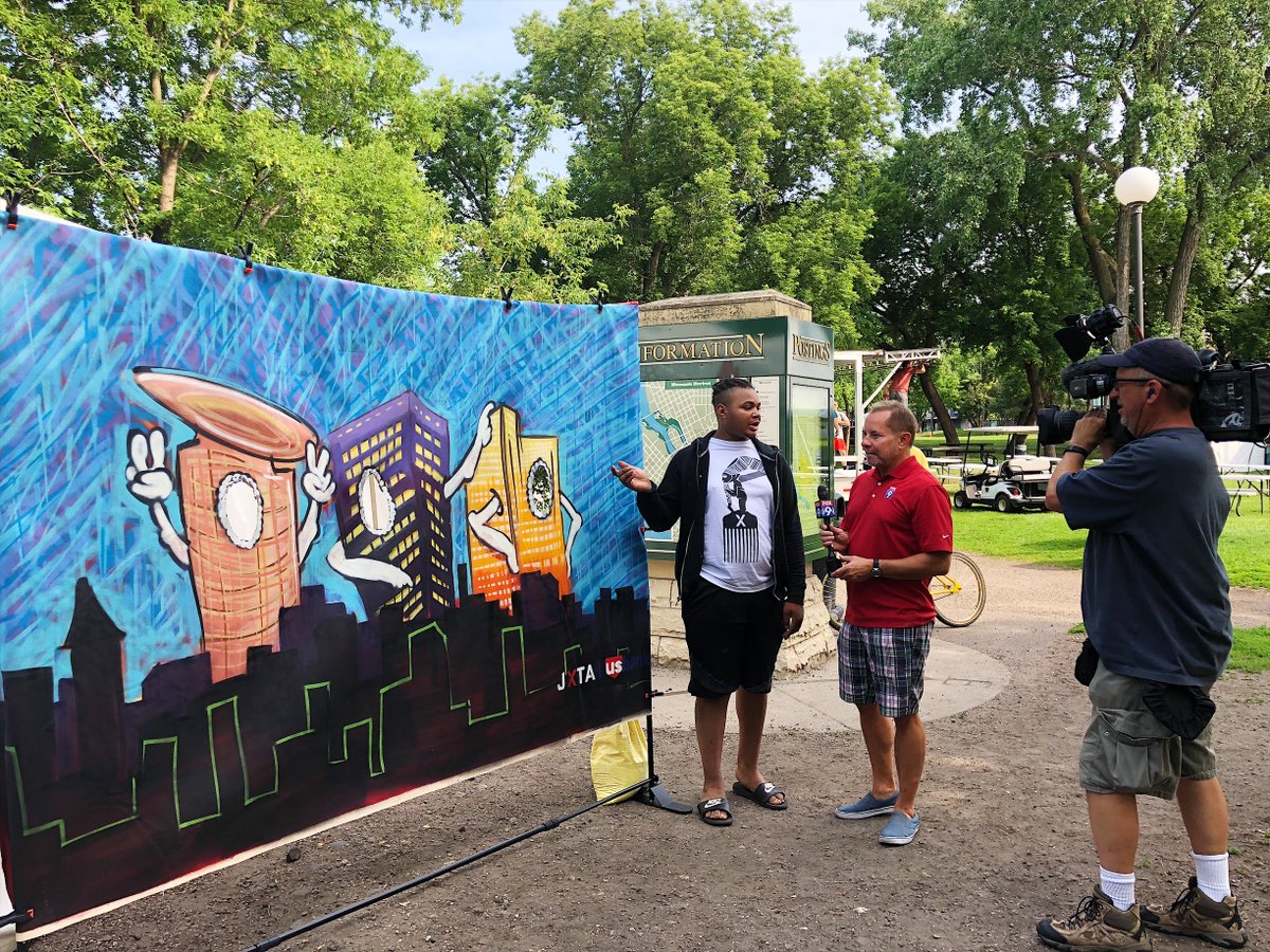 JXTA_ARTS's tweet photo. #JXTASquad representing on @FOX9! S/O to @usbank for commissioning JXTA to create #PlacesToPlay through #ArtInAction at @StoneArch_Fest. Heading to the fest this weekend? Find one of our four pop-up interactive art installations like this one 💥 #CommunityPossible https://t.co/hP5t090Fuv