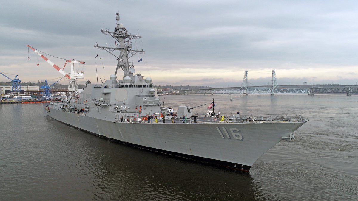 CavasShips's tweet photo. Arleigh Burke-class #destroyer THOMAS #HUDNER DDG116 delivered today to the US #Navy fm General Dynamics #Bath Iron Works in Maine. More than 5 years under construction, she'll be commissioned this Dec. 1 in Boston. 4th "restart" ship to deliver, 66th Burke DDG overall. https://t.co/MGVCyf43Kr