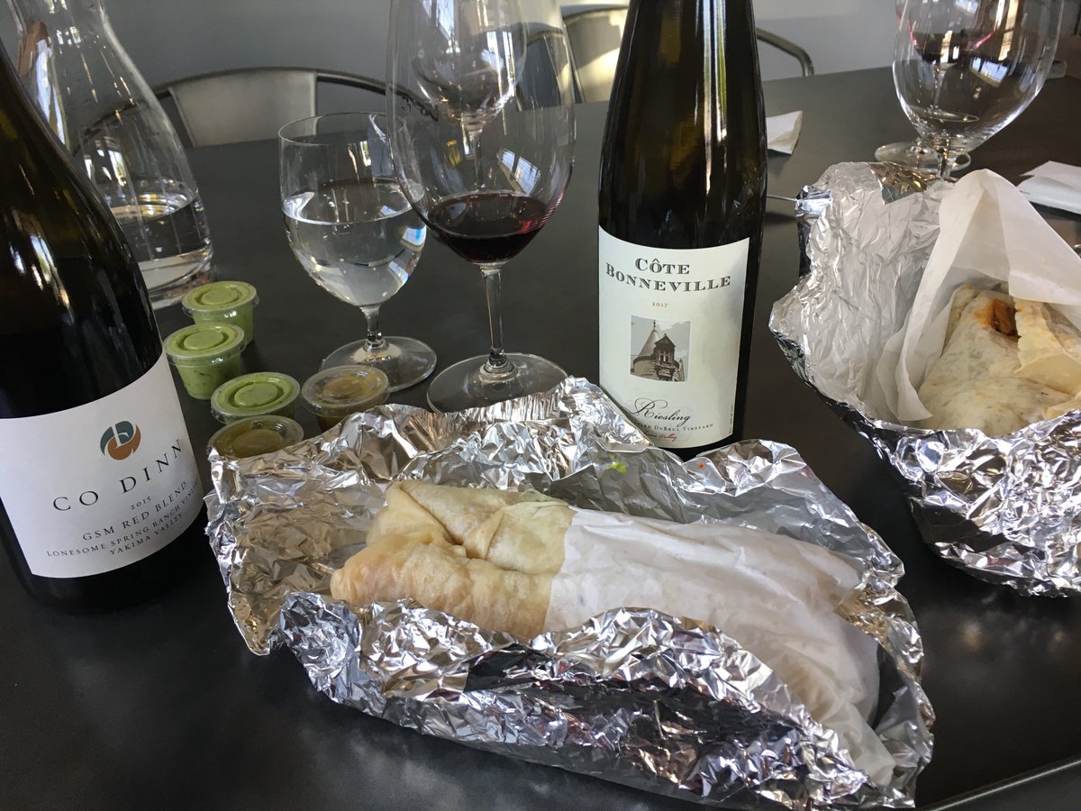 All the fixings for a productive lunch meeting! #yakimavalley #wawine #wine #burrito #riesling #gsm