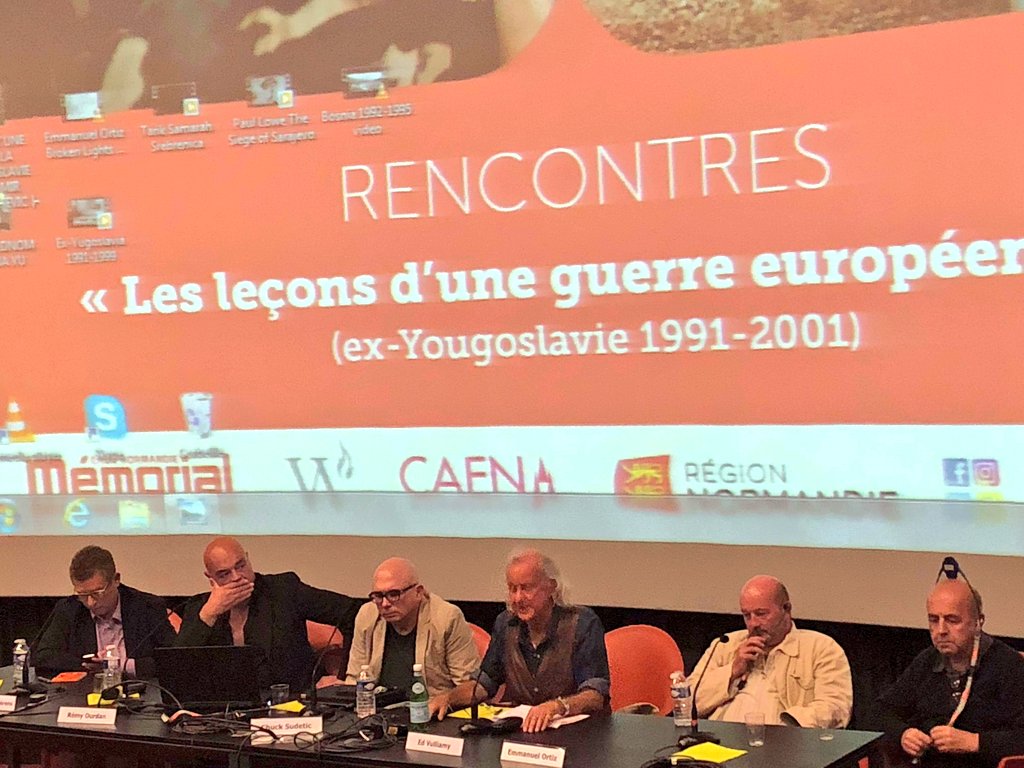 VelmaSaric's tweet photo. @edvulliamy (@guardian) during the #CaenWarm conference telling his personal story of discovering and reporting from #Omarska concentration camp in #Prijedor #Bosnia #Yugoslavia #warcrimes #Genocide #neveragain https://t.co/7i74YyMqfj
