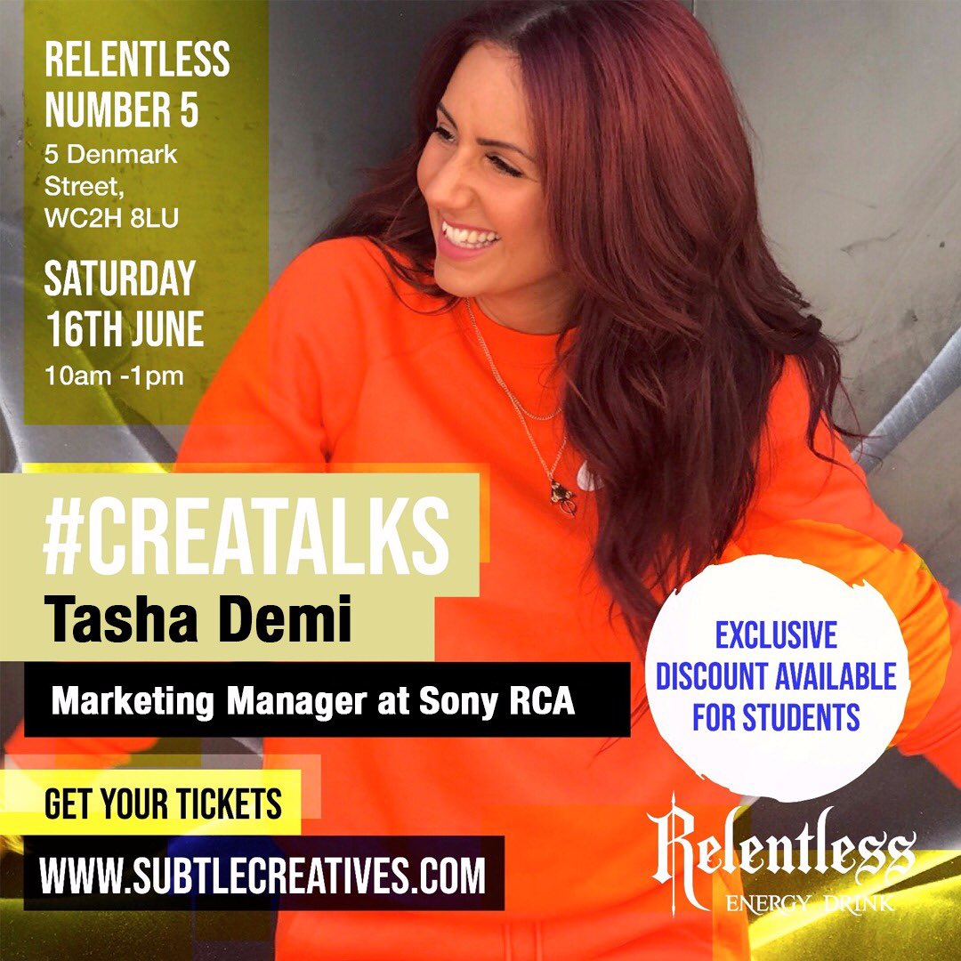 SubtleCreatives's tweet photo. Last chance to get tickets for our next #CREATALKS with the marketing wizard @tashademi!!! having worked with @Wretch32 @stefflondon @ramonerochester and many more, she’s now moved to Sony RCA get your ticket now
https://t.co/uPuFHks0xg
Part of ticket proceeds go to @SoundSkool https://t.co/jJXPvWY8zr