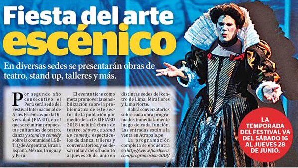 Dieztalentos's tweet photo. Gracias al @DiarioElPeruano por la nota sobre el @fiaedperu (Festival Internacional de Artes Escénicas por la Diversidad) El martes 26 de Junio se presentará @BrunoOdar con #LaMateriaDeLosSueños Aprovecha la preventa hasta el día de hoy en @atrapaloperu #FIAED #teatro #diversidad https://t.co/KE2wwZiegx