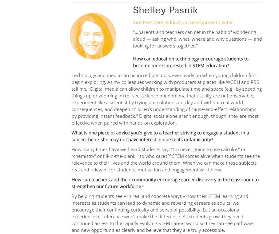 EDCtweets's tweet photo. EDC's @shelleypasnik interviewed as one of six experts on the future of STEM, in @MediaplanetUSA #STEMEducationandTechnology issue! https://t.co/mVpqiTqUFt https://t.co/DjaFQWnP6Y