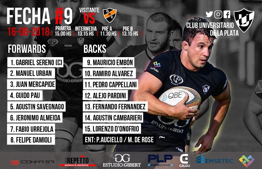 universitariolp's tweet photo. 🏉 👉🏻 Con estos XV, Las Panteras viajan hasta Munro para enfrentar a @OlivosRC.
Acompañá al equipo🏴
#SentimientoPantera2018 #VivíElRugby https://t.co/TJyjxyDdDV