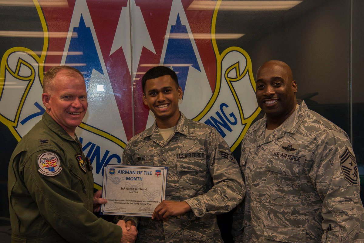 AETCommand's tweet photo. Congratulations to Senior Airman Aaron Chand for being selected as the Vance AFB Airman of the Month! #Excellence #DevelopDeliverDeploy @71FTW https://t.co/HNN5qffTRs