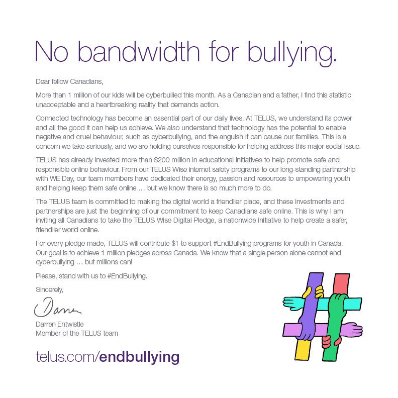 A message from our CEO, Darren Entwistle, on our efforts to help #EndBullying. Together, we CAN make a difference. #StopCyberbullyingDay telus.com/endbullying