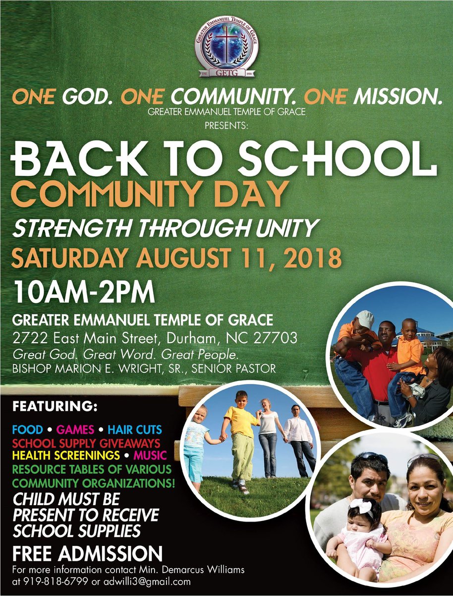 getgracedurham's tweet photo. Mark your calendars! 7th Annual Back to School Community Day on Saturday, August 11, 2018 at 10am. Free Backpacks, school supplies, food giveaways &amp; more! @durhamcares @edci_nc @CaareInc @CompareFoods1 @NCMutual @MFBank_NC @FoodShuttle @DurhamPoliceNC @DurhamCounty @DurhamNC https://t.co/5ZoenaY8UQ