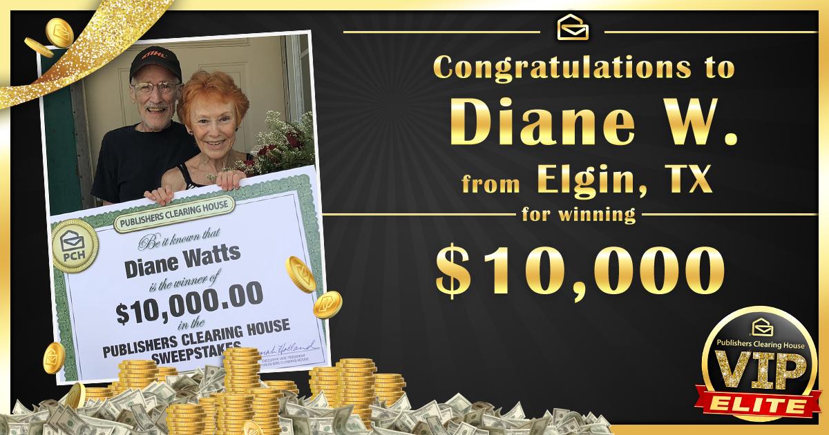 pchdotcom's tweet photo. Howie surprised  Diane W. of Elign, TX with $10,000! Diane, a #PCHVIP Elite, has been busy taking care of her mother &amp; family, but always finds times to enter PCH. She plans to use her winnings to fix up her home &amp; celebrate with a steak dinner!
Enter NOW: https://t.co/9C8zkt5rc3 https://t.co/CvjLOhFVfg