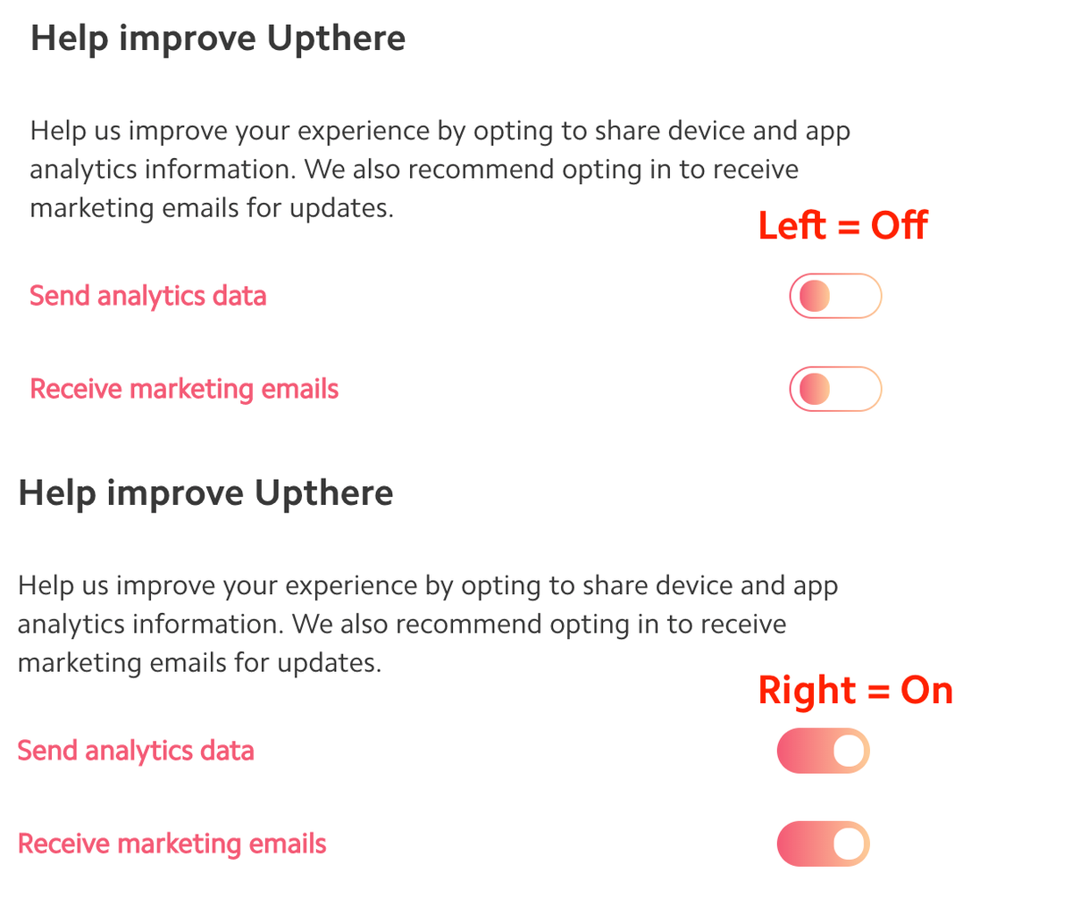 upthere's tweet photo. @hellotom Sure thing - if the toggle switch is in the left position, they're off. If the toggle is in the right position, they're on. So based on your screenshot, your "Help improve Upthere" preferences are set to "off". Hope that helps https://t.co/apuKzhYtEy