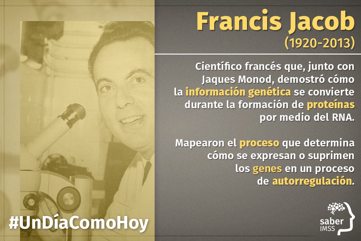 Saber_IMSS's tweet photo. Francis Jacob, fue un científico francés que colaboró con Jaques Monod, sus investigaciones se basaron en información genética y RNA. https://t.co/mVFQggngej