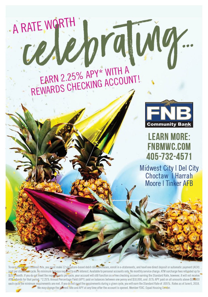 FNBMWC's tweet image. It's time to celebrate, people! 

Who wouldn't want to earn 2.25% APY* on your checking account balance?

Apply for an account online today: fnbmwc.com/personal/perso…

#BankLocally #FNB75thAnni #RewardsChecking