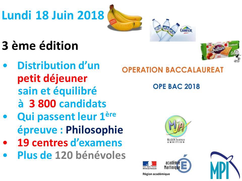 AMPI_MQ's tweet photo. #OpeBac2018 J-3 Distribution d’un petit-déjeuner à 3 800 candidats au #Baccalauréat - philo lundi 18 juin de 6h à 8h - 19 centres d’examens #Martinique Énorme #logistique 👏120 bénévoles @mja972 🙏Dons & financements #Chanflor #Banamart #LaSara #Elot #HyperU Coordination @AMPI_MQ https://t.co/2dZHoITkuT