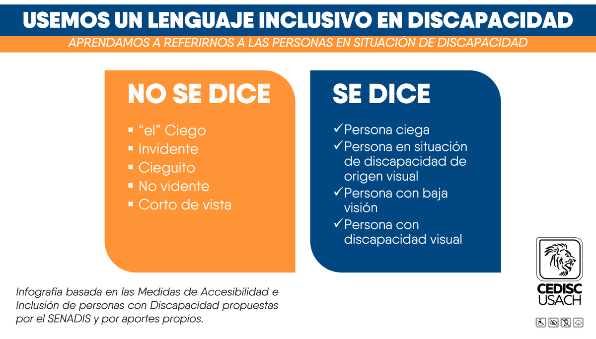 CediscUsach's tweet photo. Con estas infografías, te invitamos a utilizar un lenguaje inclusivo en Discapacidad,
Aprendamos a referirnos a nuestrxs compañerxs en situación de discapacidad, de tí depende una #USACHInclusiva  ♿♿

Material basado en documentos del SENADIS y por aportes propios. https://t.co/HkzB6bZCG3