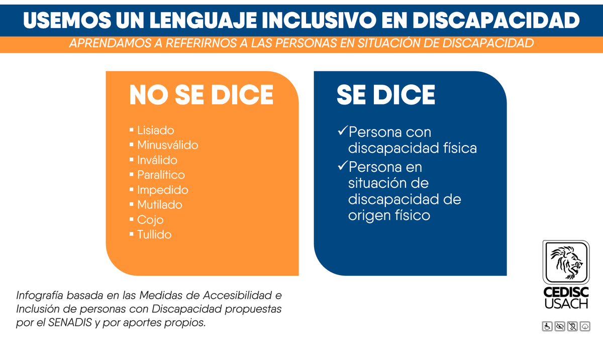 CediscUsach's tweet photo. Con estas infografías, te invitamos a utilizar un lenguaje inclusivo en Discapacidad,
Aprendamos a referirnos a nuestrxs compañerxs en situación de discapacidad, de tí depende una #USACHInclusiva  ♿♿

Material basado en documentos del SENADIS y por aportes propios. https://t.co/HkzB6bZCG3