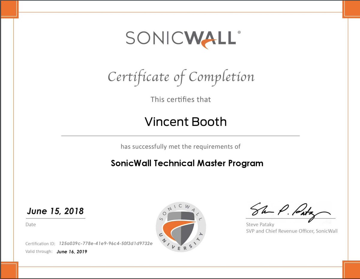 VinnyBooth's tweet photo. .@SonicWall #TechnicalMasters first reseller in the #UK to pass over 127 exams to get this #achievement. So happy, humbled. Great vendor, Amazing reseller, #phenominal product. GIve @SolvedIT a buzz - you won't regret it! https://t.co/n6uFysERhL