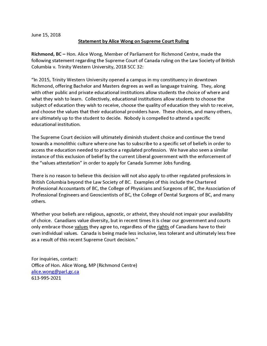 Statement in regards to the #SCC / LSBC v. #TWU ruling today.