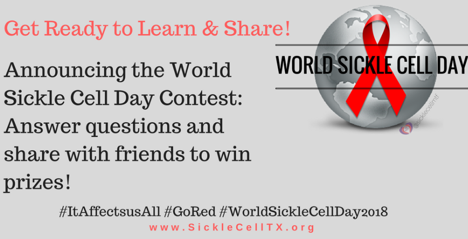 Tuesday June 19 is World Sickle Cell Awareness Day! We will be asking sickle cell Education Questions during the day starting at 8am. The person who answers the most questions correctly will win two tickets to Schlitterbahn! We will also be giving away a Walmart gift card!