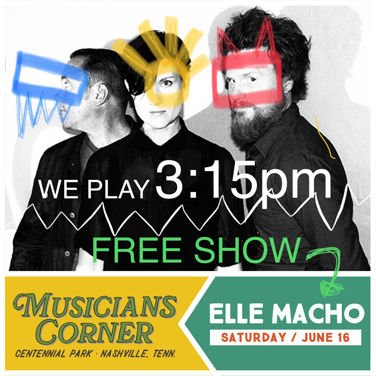 TOMORROW is our free show in Centennial Park as part of @muscornernash Music starts at 1:30 WE play at 3:15pm. Bring the Family! >> ow.ly/mQt930kwyoH