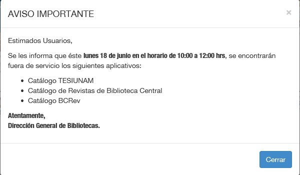 bibliotecasUNAM's tweet photo. #Aviso: les informamos que el próx. Lun/18/Jun, de 10-12 hrs. estarán fuera de servicio los siguientes aplicativos:
• Catálogo #TESIUNAM
• Catálogo de #Revistas de #BibliotecaCentralUNAM
• Catálogos #BCRev
Atentamente, @bibliotecasUNAM #BibliotecasUNAM #UNAM #iNFORMACIÓN https://t.co/vPaZcWhsYB