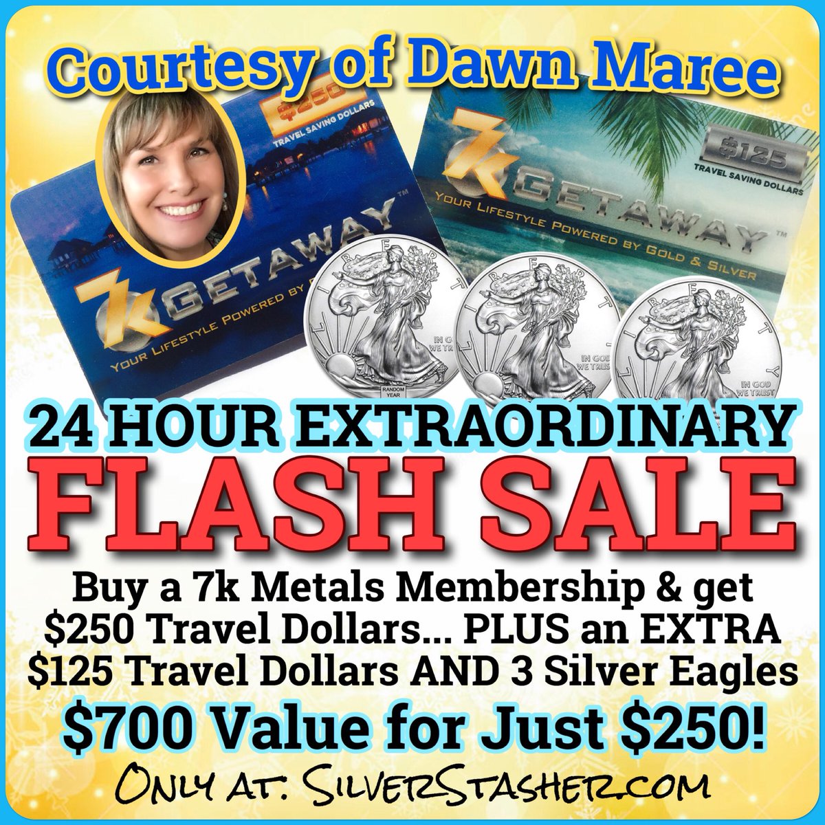 i7kMetals's tweet photo. 24 HOUR FLASH SALE for Dads! Get these gifts with membership:

• $250 Travel Dollars
• Extra $125 Travel Dollars
• 3 Silver Eagles

$700 for just $250. Go to:  https://t.co/v5nOZO3Yjc. Offer ends June 16 at 10pm ET

#7kmetals #fathersdaygift #preciousmetals #bullion #silver https://t.co/dtvHNLXrnd