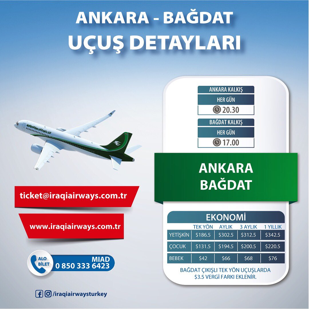 Miadtur's tweet photo. $186.5’dan başlayan fiyatlar ile #ANKARA - #BA��DAT uçuyoruz!    

Detaylı bilgi için https://t.co/r9ts1RQidt ✈️ adresini ziyaret ediniz.

ticket@iraqiairways.com.tr 
☎ 0 850 333 6423

#Miadtur, #IrakHavayolları'nın #Türkiye'deki tek resmi #turizm acentasıdır. 

#iraqiairways https://t.co/hecxhLZREF