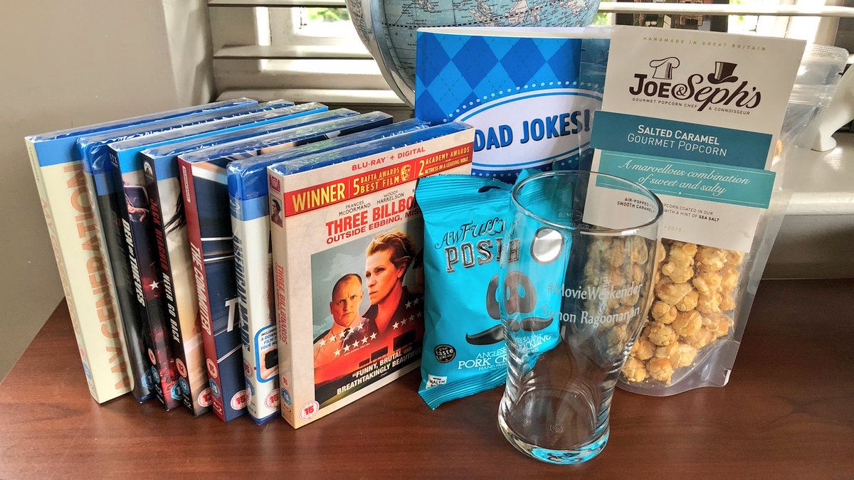 ManVsPink's tweet image. Father’s Day as a dad blogger means you get sent stuff. Thanks #MovieWeekender for the movies, snacks, and personalised pint glass (less so for the dad jokes). Looking forward to finally seeing Three Billboards...