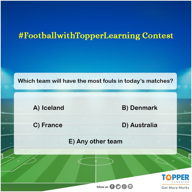 Topperlearning's tweet photo. Learning with play is always fun!
Question of the Day:
Considering all the 6 teams, guess which team will have the most fouls in today’s matches? Comment in the section below before 5 pm (IST) today!
#FootballwithTopperLearning #WorldCup #AnnualPackage #Contest https://t.co/Jy4OtMSOwu