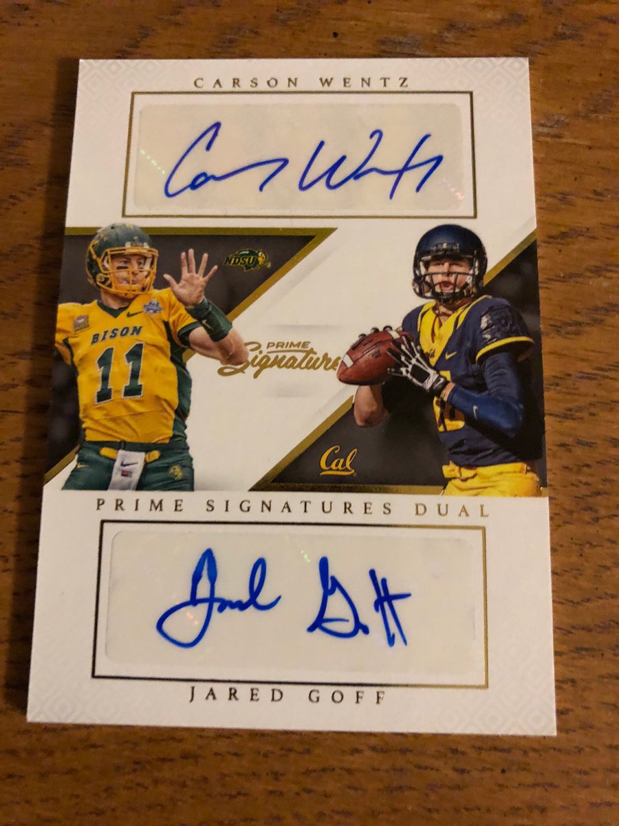 arisingstarmn's tweet image. Trent just pulled this dual auto of Carson Wentz and Jared Goff from 2016 Prime Signatures!  The hits keep coming from ⁦@arisingstarmn⁩ #WhoDoYouCollect #supportyourlcs #pullingfire
