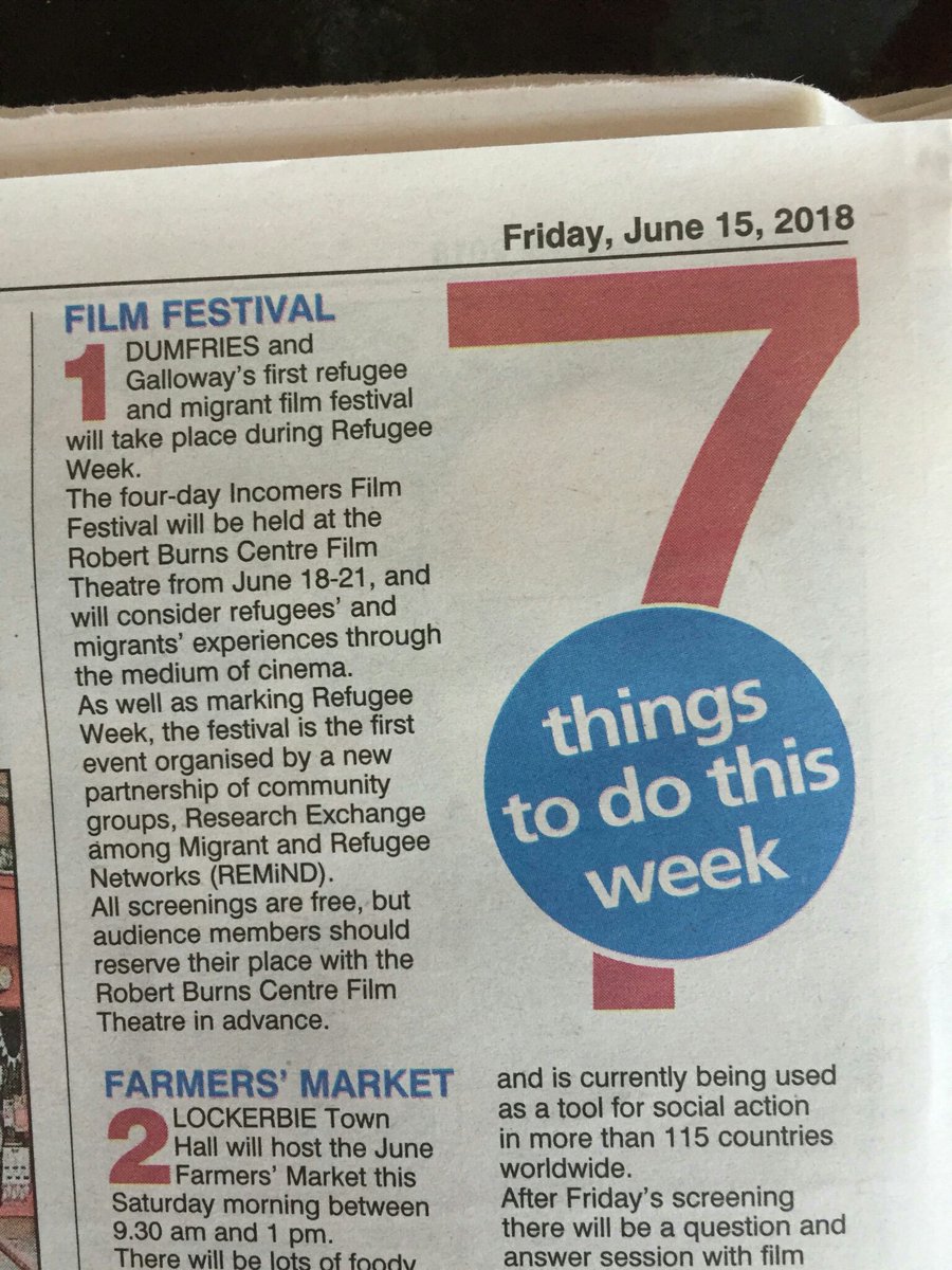 dgmigrants's tweet photo. @DGWGO please RT if you agree with the Dumfries Courier that our FREE #IncomersFilmFest  @RBCFilmTheatre is the #1 thing to do this week. Book at https://t.co/G3RBJCwgti or @Midsteeple Box Office. https://t.co/v3d8zanvCS