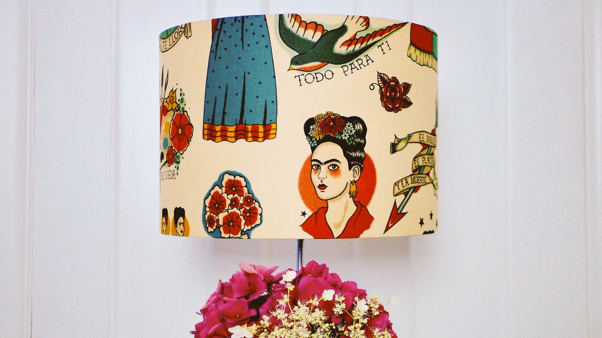 Kitsch_Republic's tweet photo. We make lampshades from a variety of unusual fabrics, including this wonderful #frida print. Visit us at one of the markets we are at in the north west:
@levymarket @heatonmoormarket or @_makersmarket Cheadle. #manchester #madeinmanchester #fridakahlo #fridaforever #fridafan https://t.co/2uL1ebiWWk
