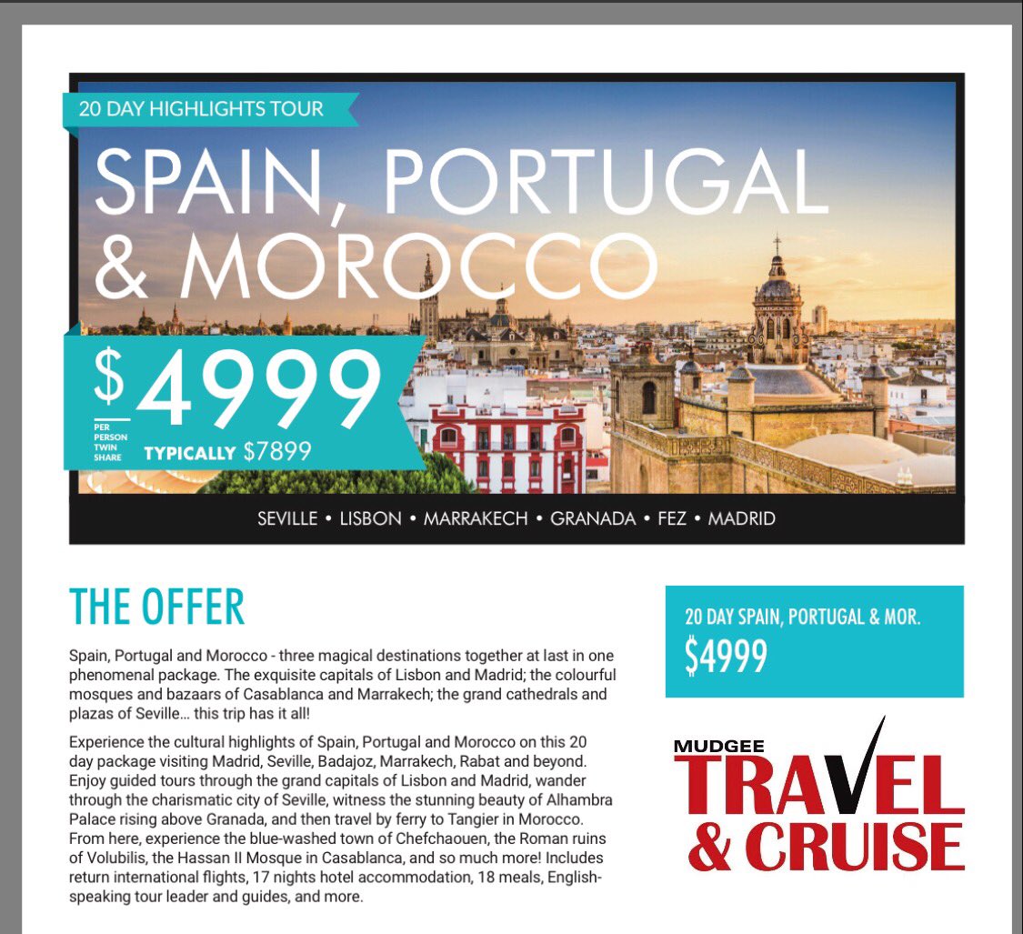Mudtravcru's tweet photo. Too good not to share✅
Call to book 02-63726077
20 DAY SPAIN, PORTUGAL &amp; MOROCCO
DISCOVER THE HIGHLIGHTS OF 3 MAGICAL COUNTRIES
EXPLORE LISBON, SEVILLE, MARRAKECH, FEZ &amp; MORE
INCLUDES RETURN INTERNATIONAL FLIGHTS
Limited availability book now!
Mudgee Travel and Cruise https://t.co/z742EyAjVp