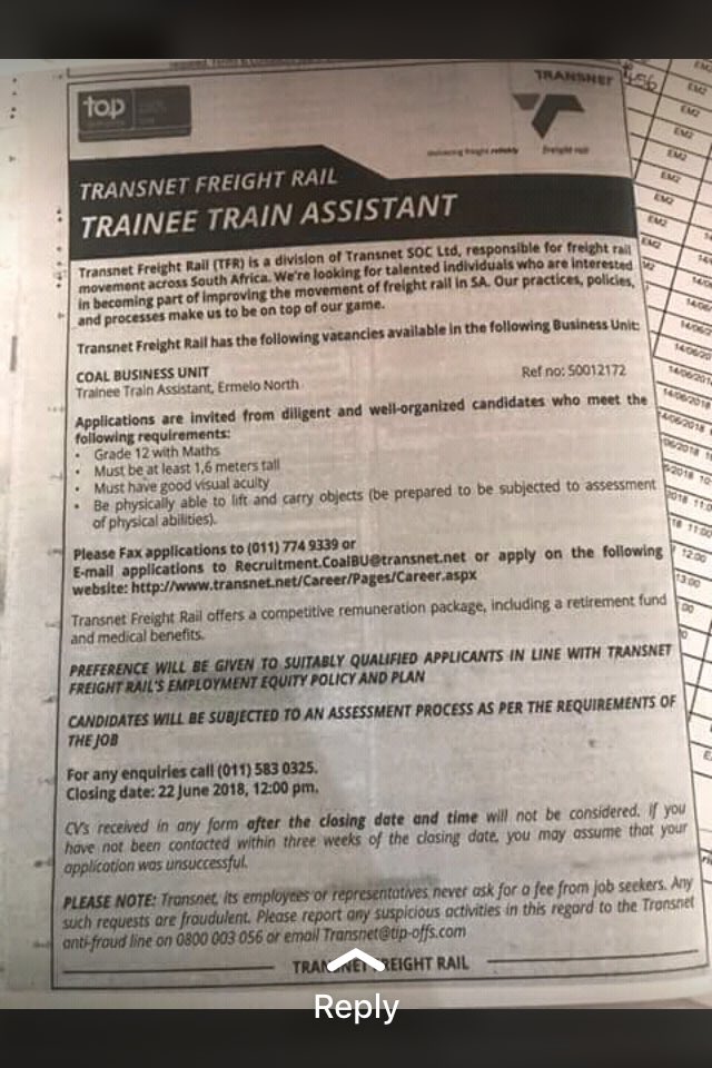 MzansiJobs's tweet photo. #JobAdviceSA #JobSeekersSA 

Transnet: Trainee Train Assistant 

Happy #YouthDay 

closing date 22 June 2018

[RT for awareness] https://t.co/S2HM9sNKyn